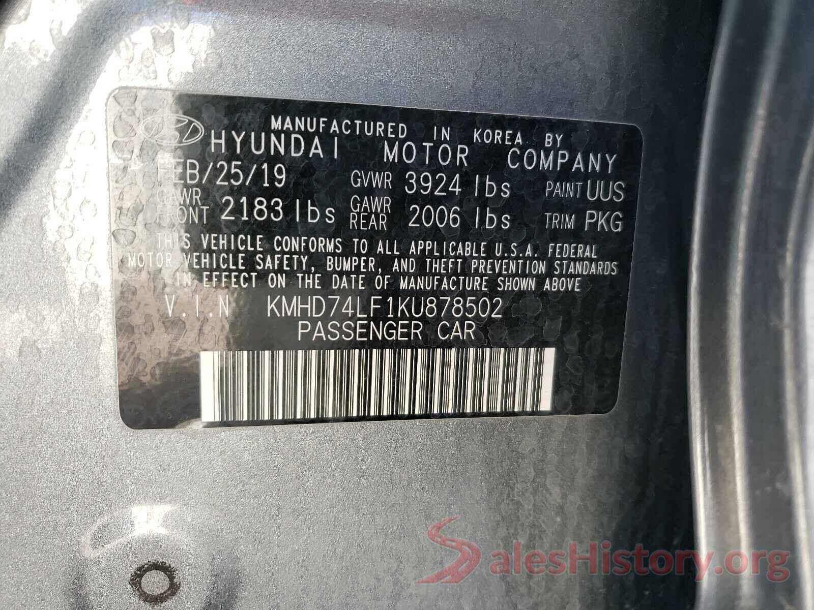 KMHD74LF1KU878502 2019 HYUNDAI ELANTRA