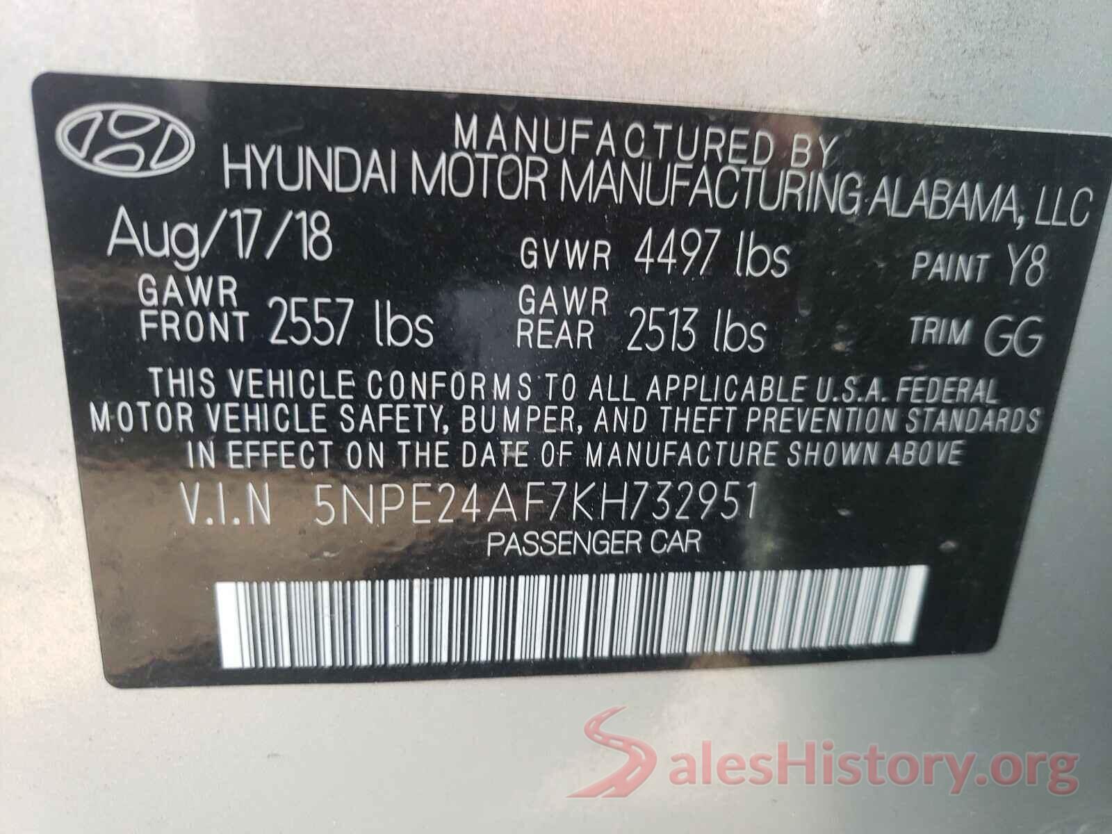 5NPE24AF7KH732951 2019 HYUNDAI SONATA