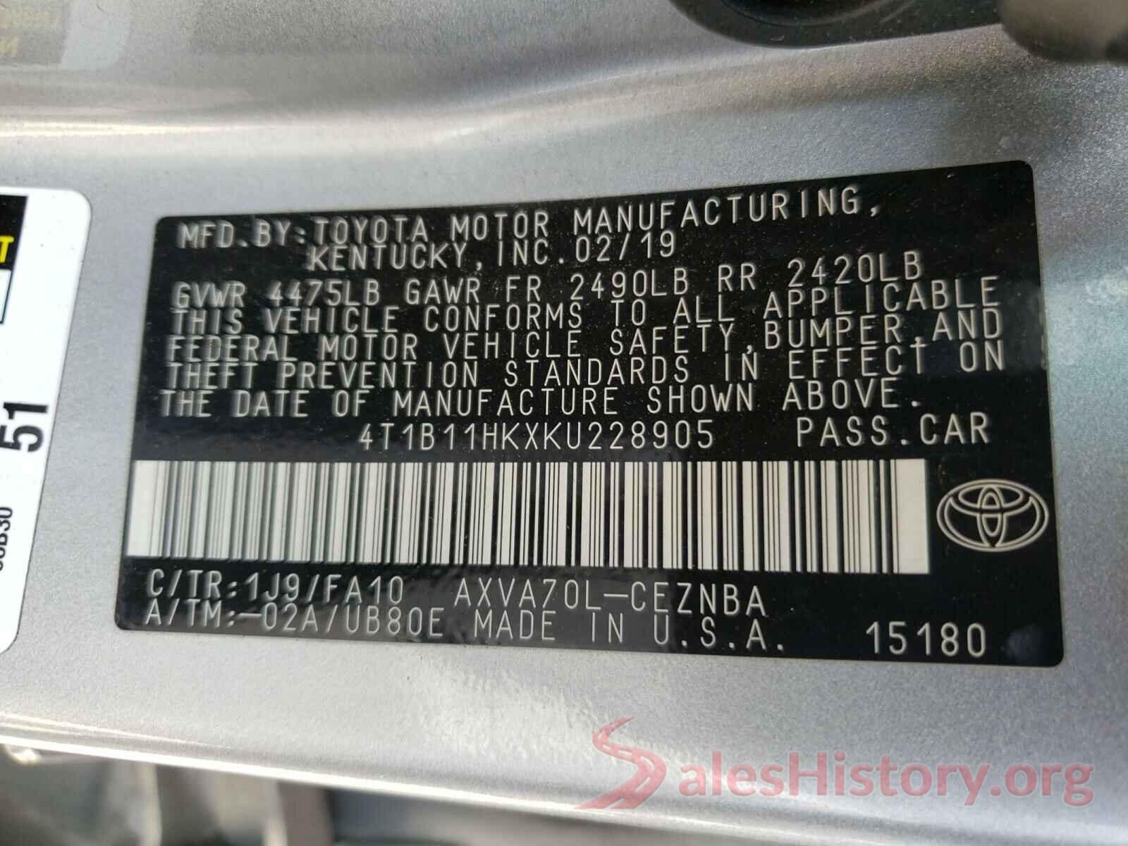 4T1B11HKXKU228905 2019 TOYOTA CAMRY