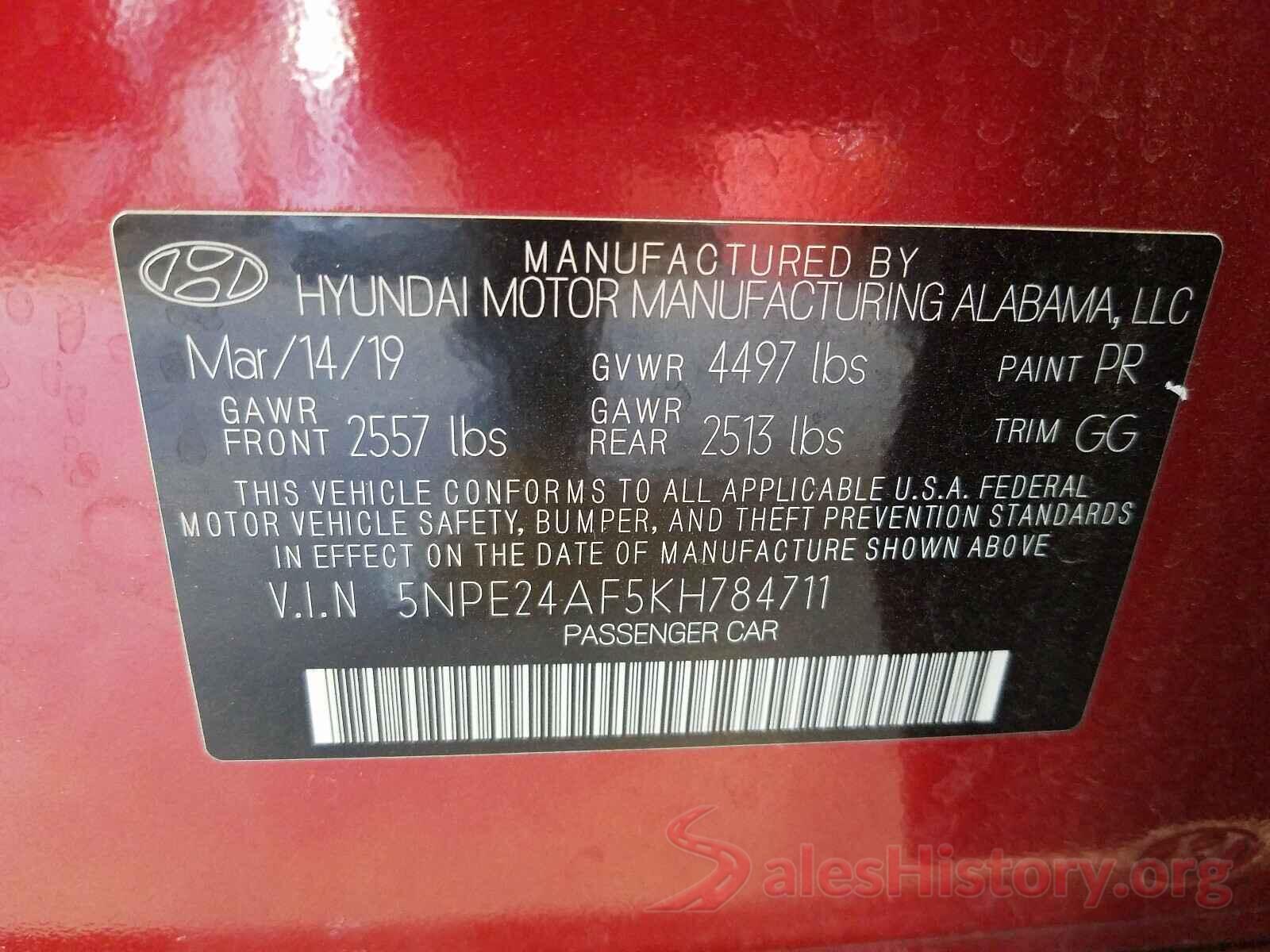 5NPE24AF5KH784711 2019 HYUNDAI SONATA