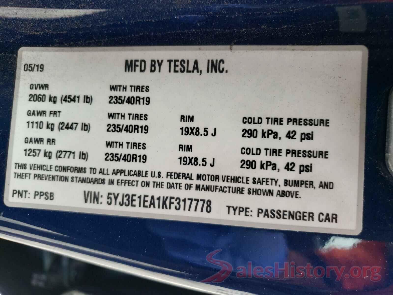 5YJ3E1EA1KF317778 2019 TESLA MODEL 3