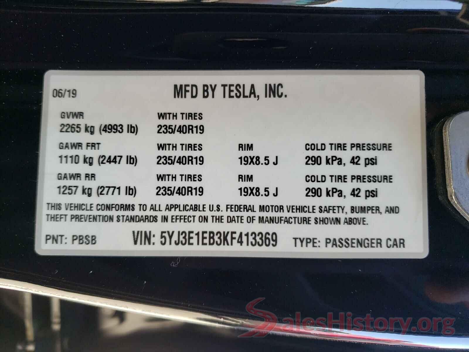 5YJ3E1EB3KF413369 2019 TESLA MODEL 3