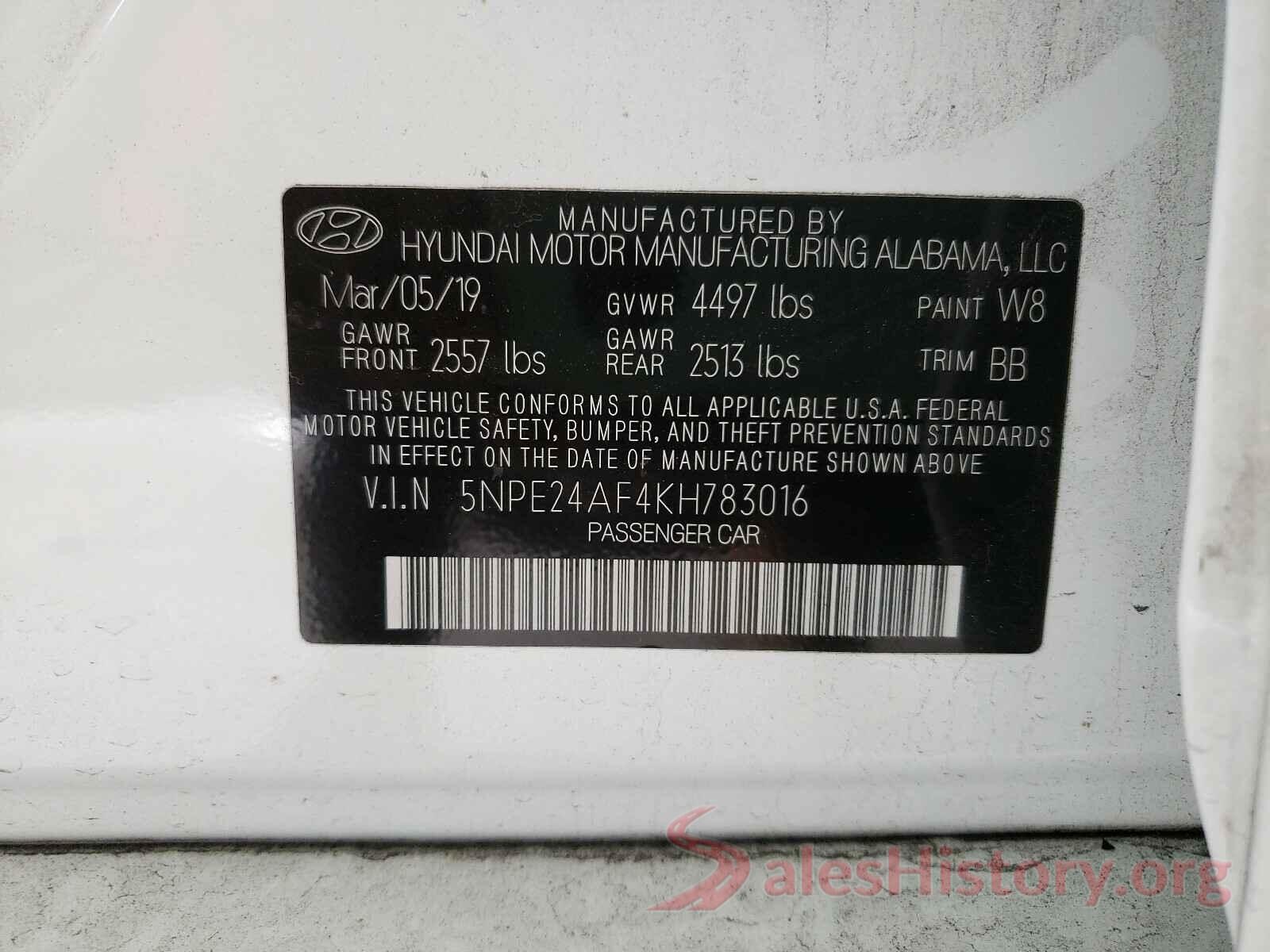 5NPE24AF4KH783016 2019 HYUNDAI SONATA