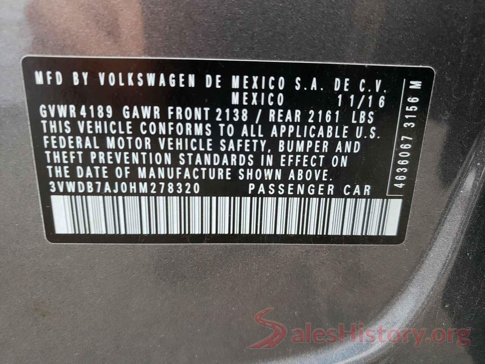 3VWDB7AJ0HM278320 2017 VOLKSWAGEN JETTA