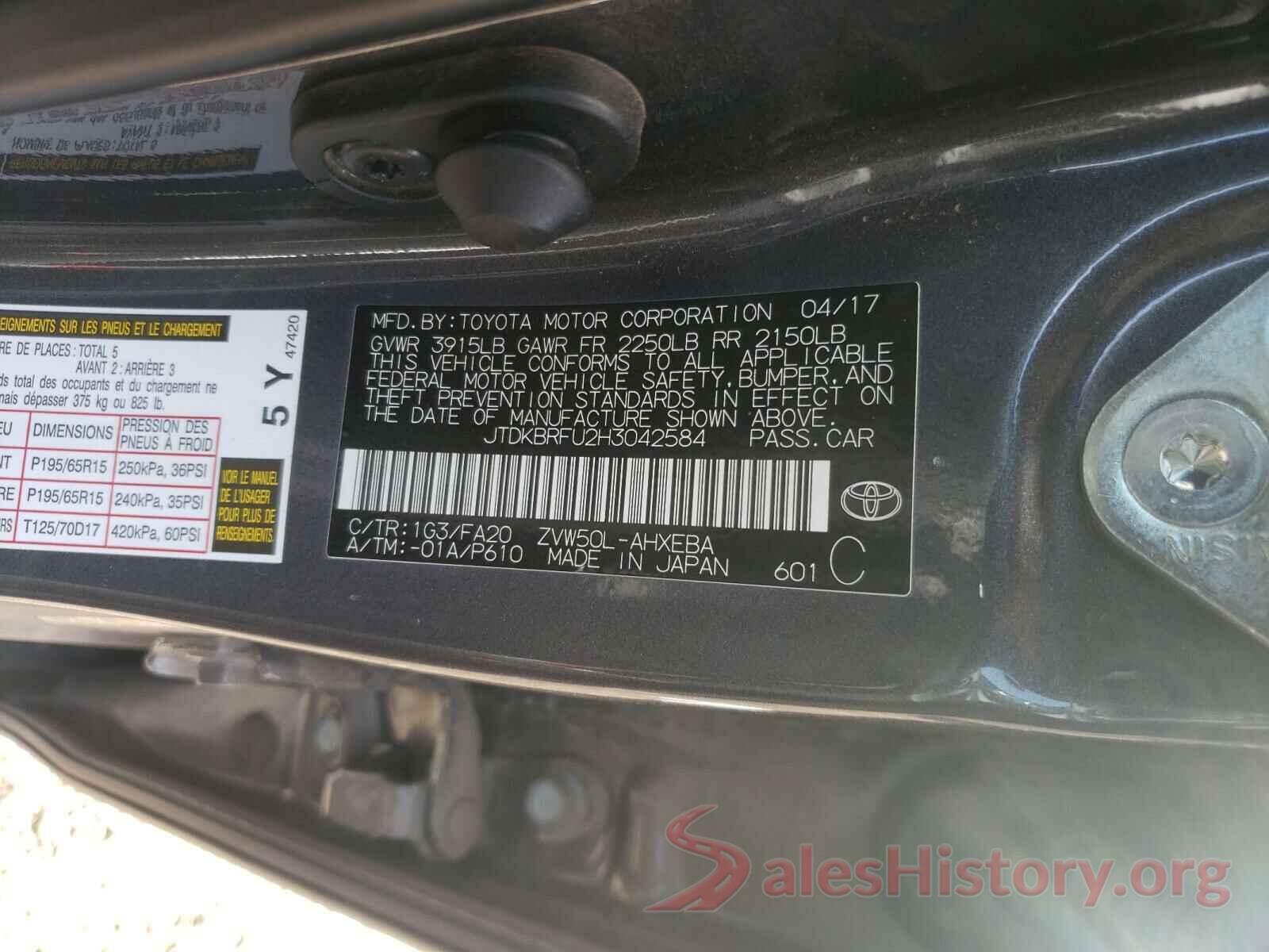 JTDKBRFU2H3042584 2017 TOYOTA PRIUS