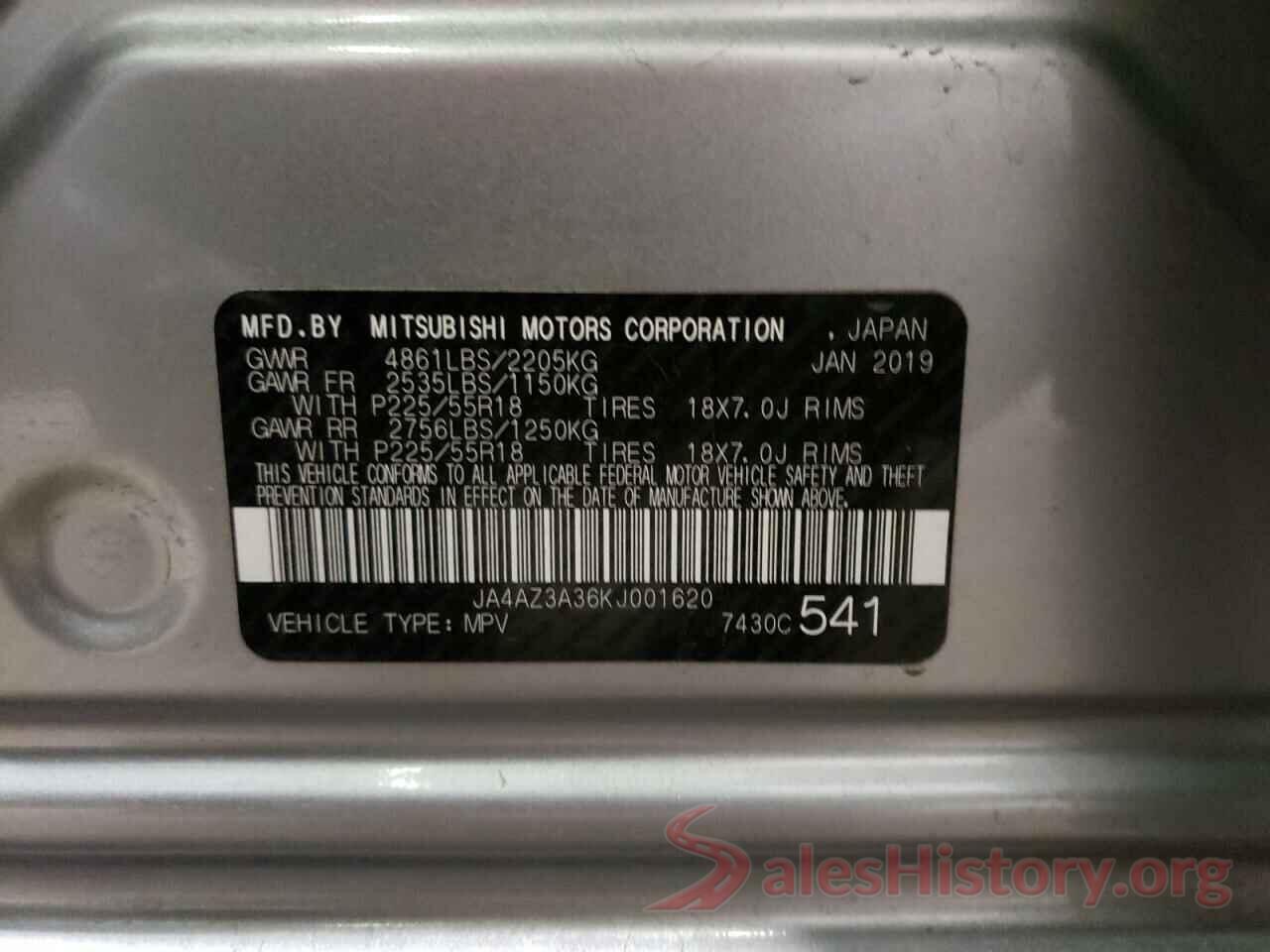 JA4AZ3A36KJ001620 2019 MITSUBISHI OUTLANDER