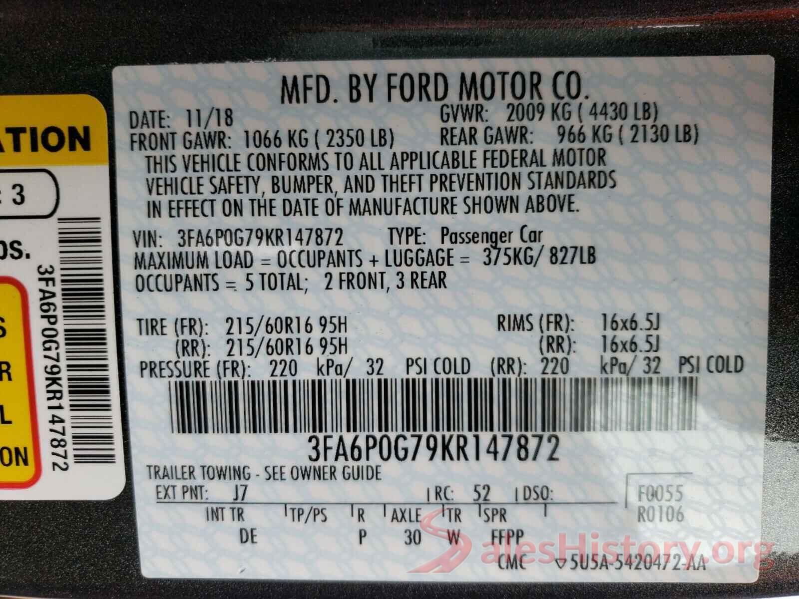 3FA6P0G79KR147872 2019 FORD FUSION