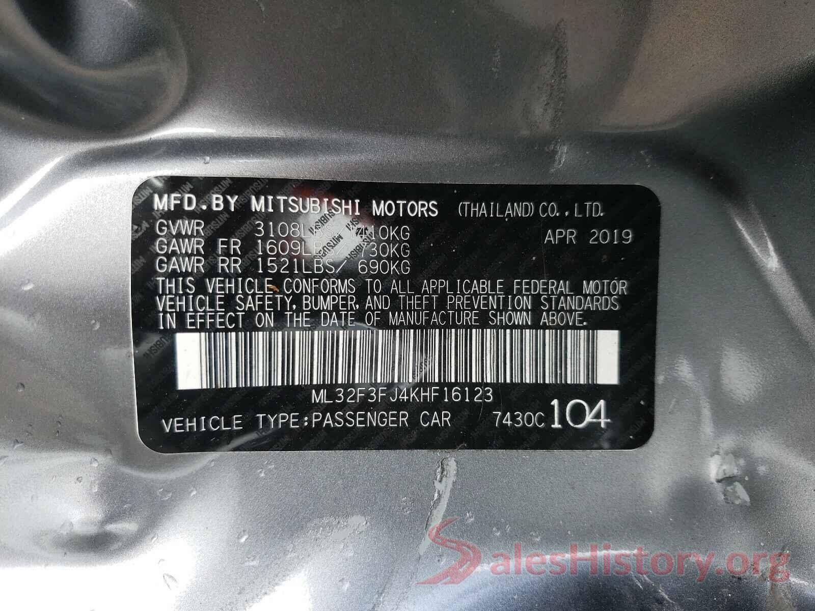 ML32F3FJ4KHF16123 2019 MITSUBISHI MIRAGE