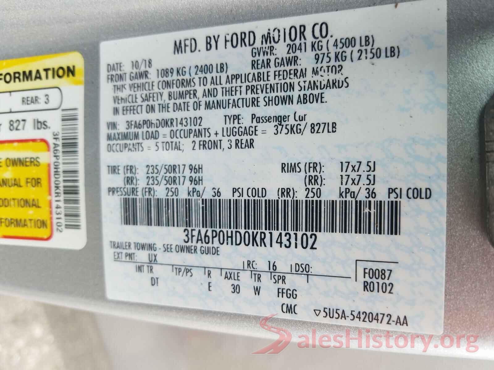 3FA6P0HD0KR143102 2019 FORD FUSION