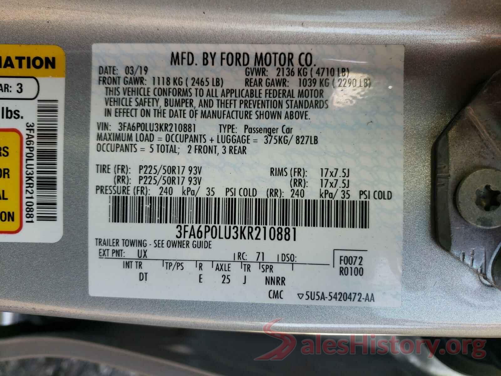 3FA6P0LU3KR210881 2019 FORD FUSION