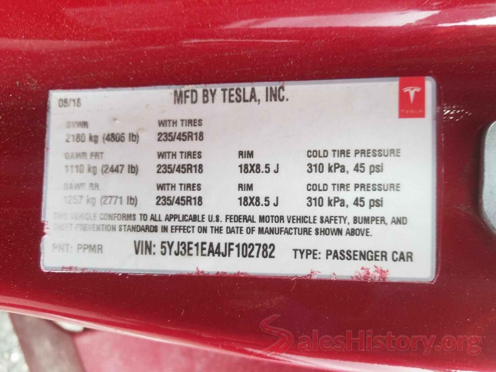 5YJ3E1EA4JF102782 2018 TESLA MODEL 3