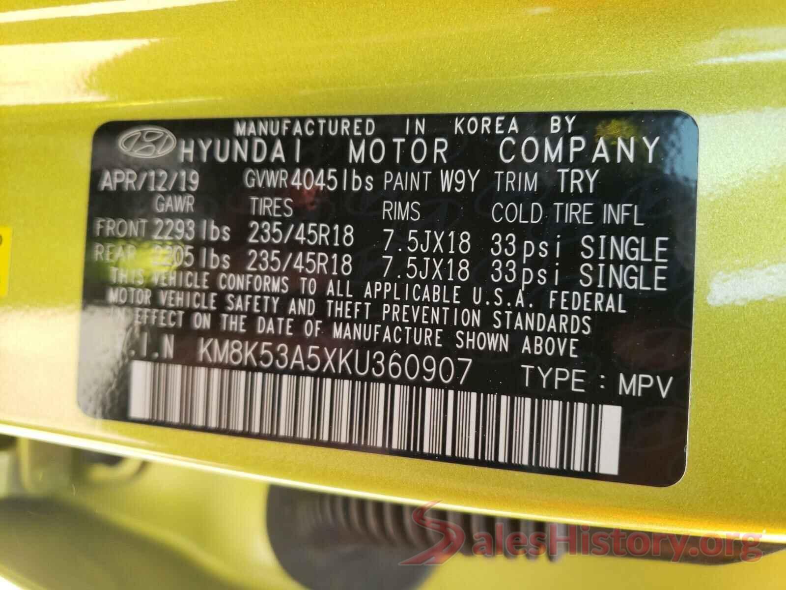 KM8K53A5XKU360907 2019 HYUNDAI KONA