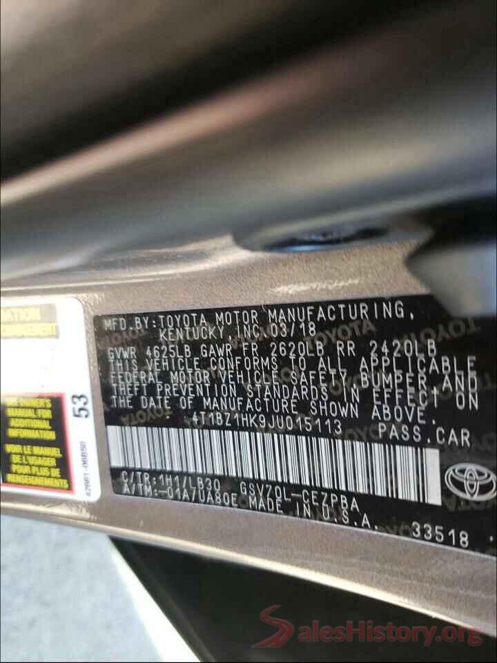 4T1BZ1HK9JU015113 2018 TOYOTA CAMRY