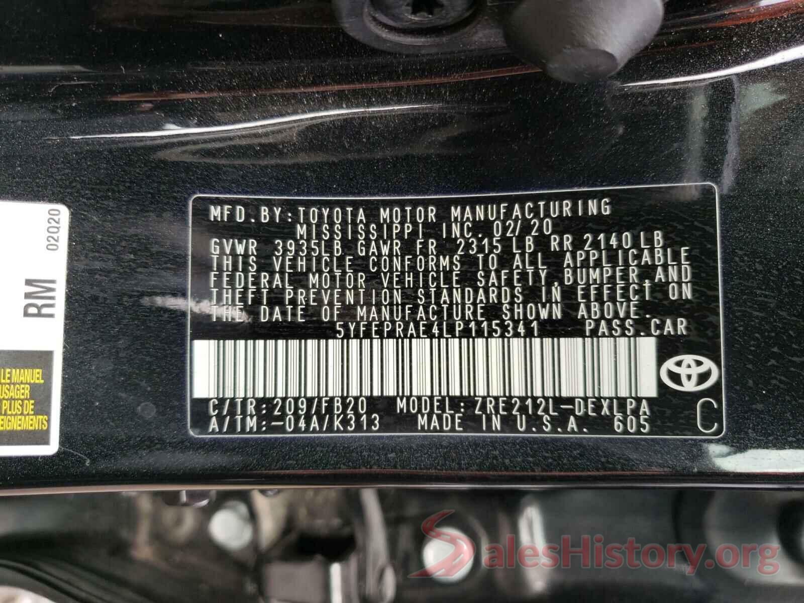 5YFEPRAE4LP115341 2020 TOYOTA COROLLA