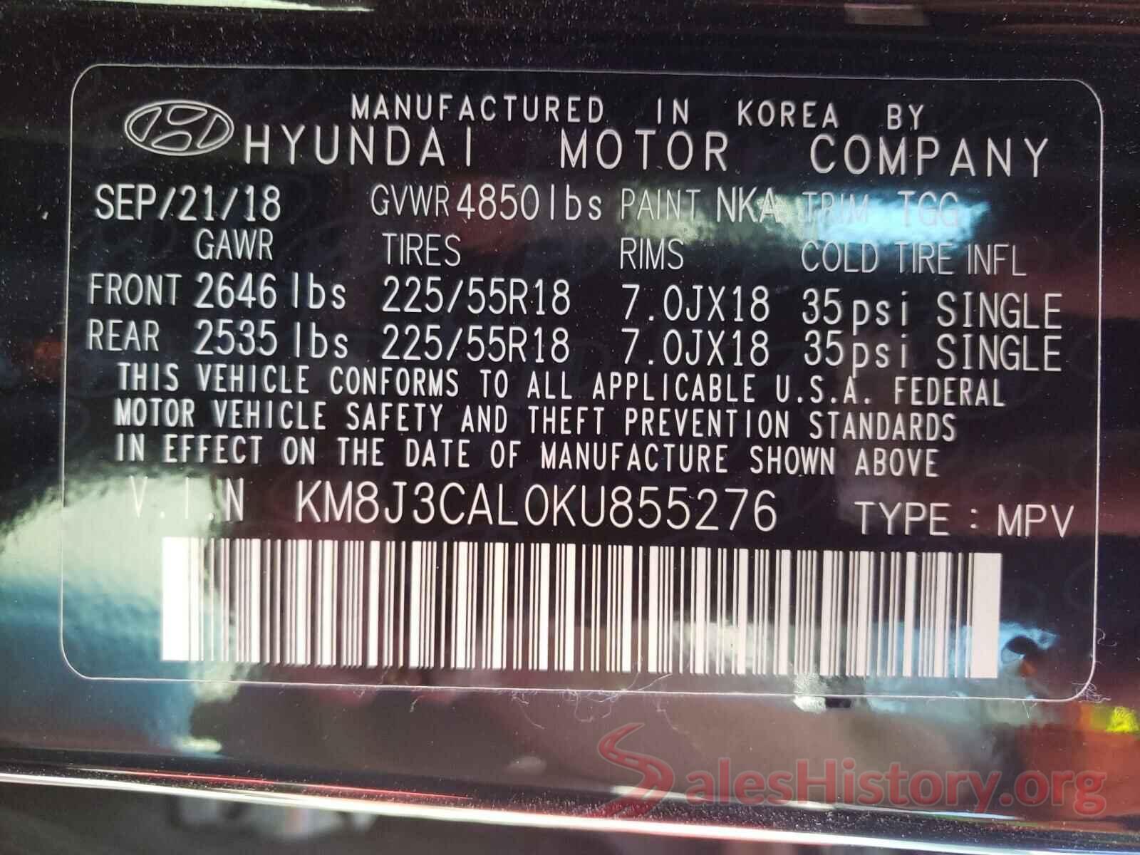 KM8J3CAL0KU855276 2019 HYUNDAI TUCSON