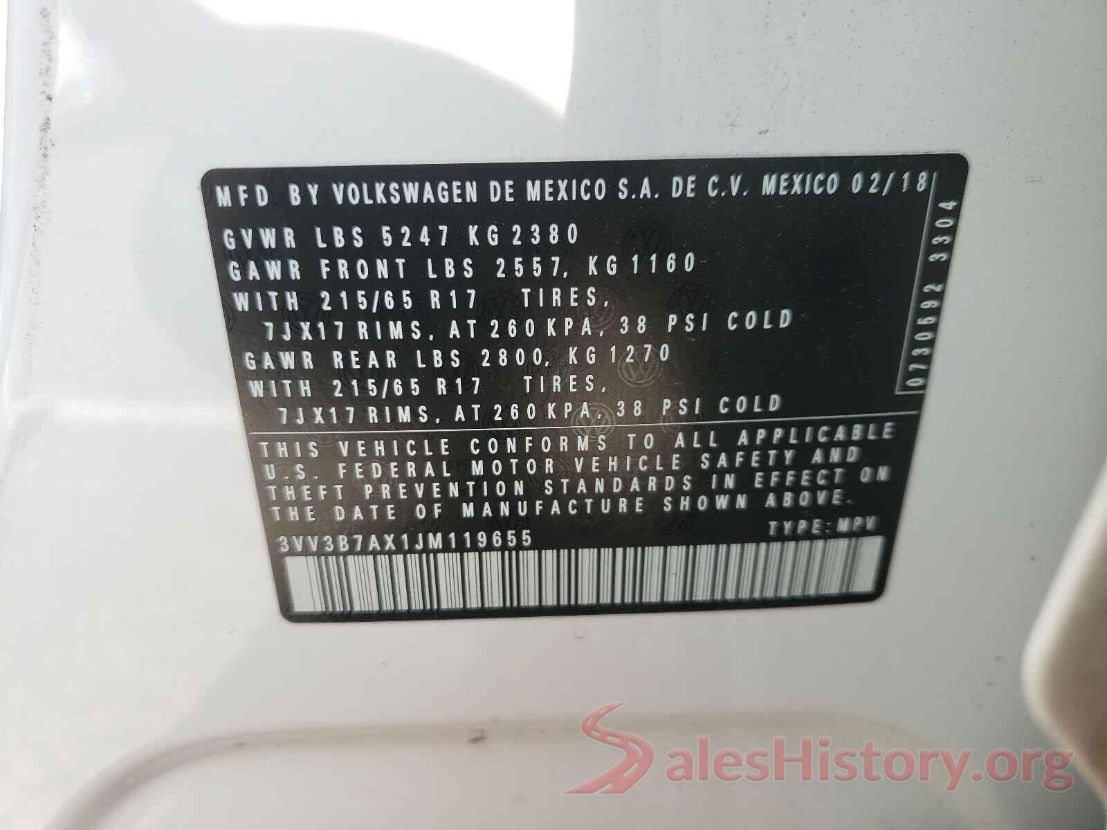 3VV3B7AX1JM119655 2018 VOLKSWAGEN TIGUAN