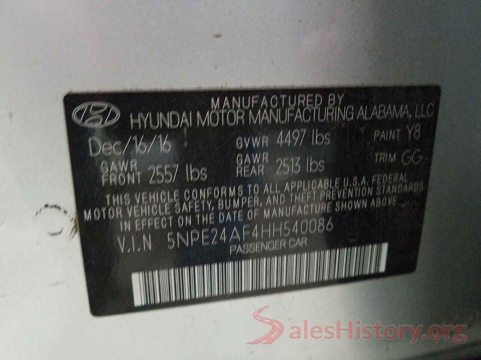 5NPE24AF4HH540086 2017 HYUNDAI SONATA