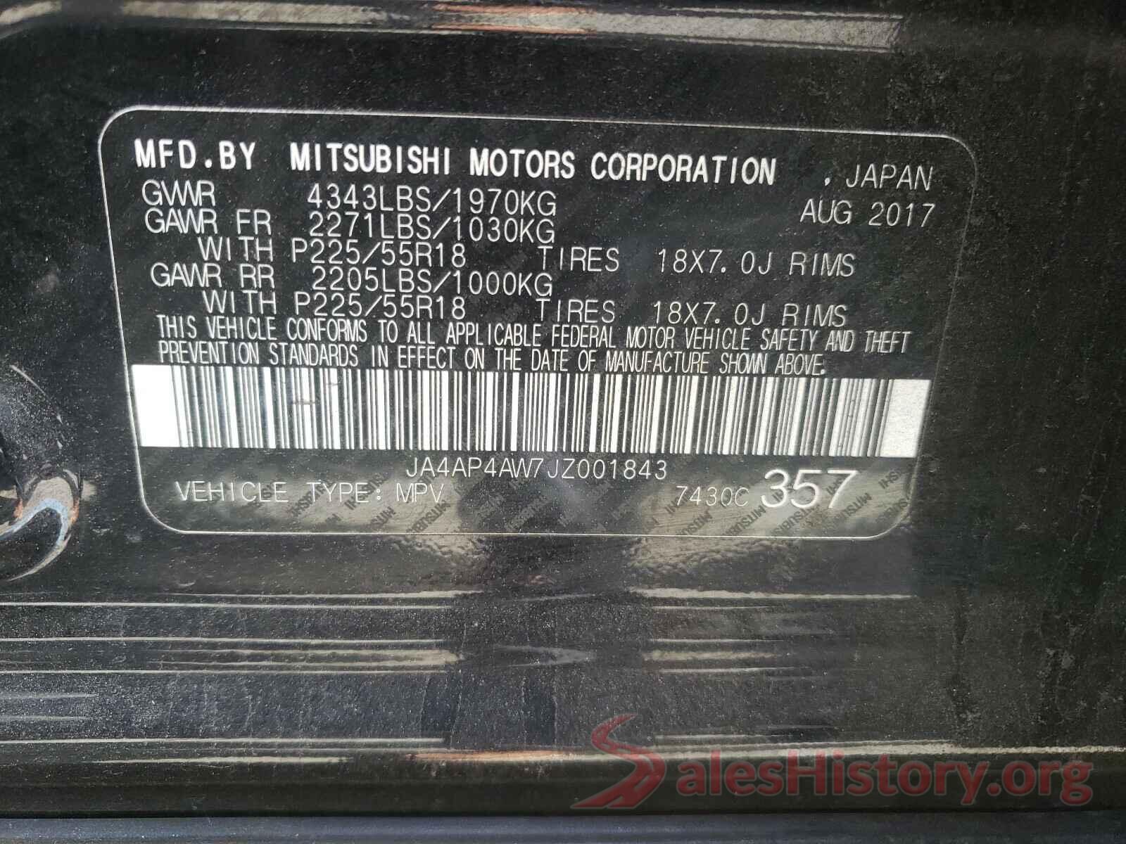 JA4AP4AW7JZ001843 2018 MITSUBISHI OUTLANDER