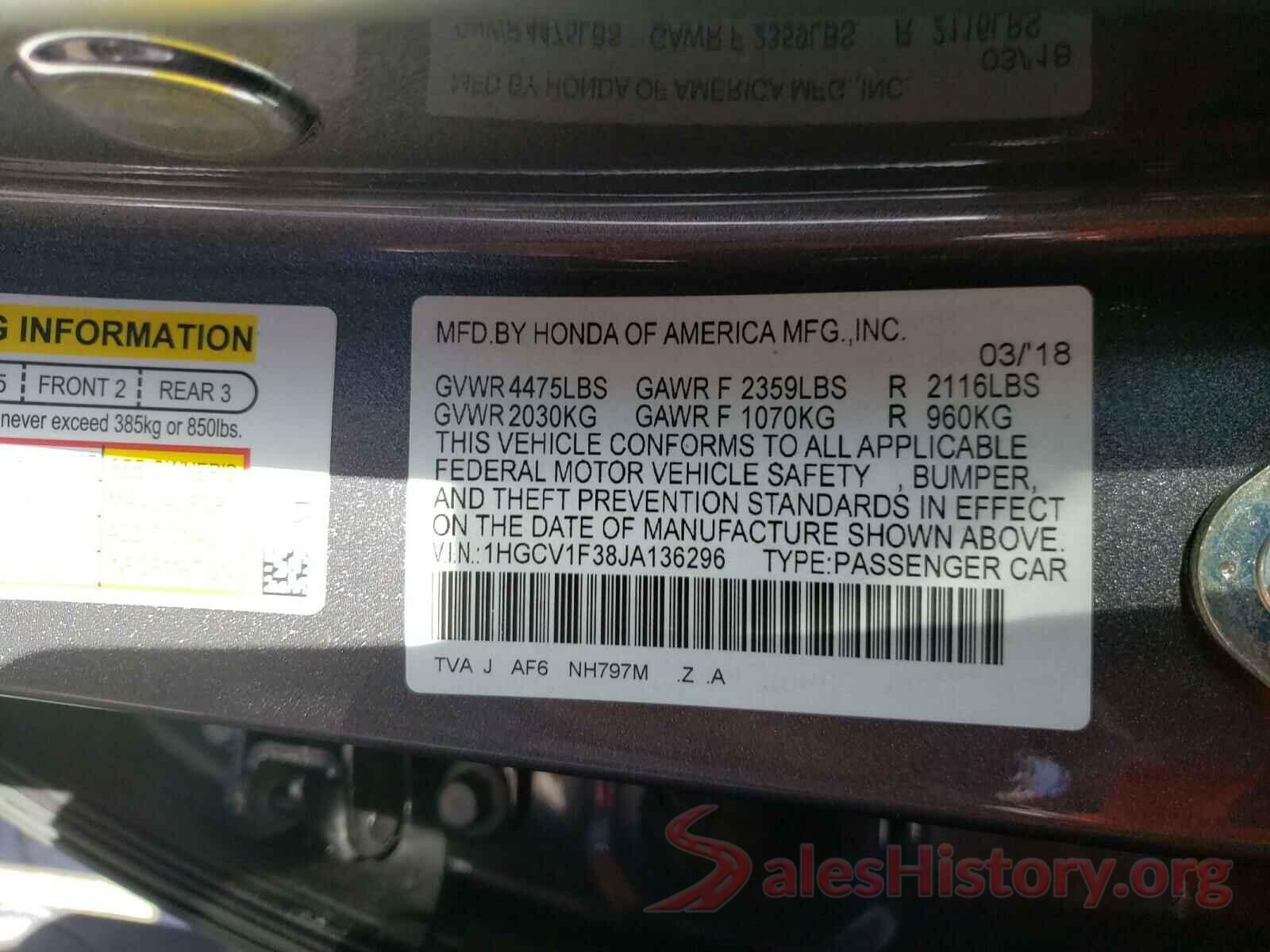 1HGCV1F38JA136296 2018 HONDA ACCORD