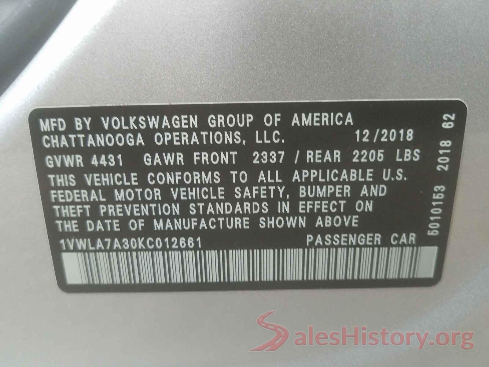 1VWLA7A30KC012661 2019 VOLKSWAGEN PASSAT