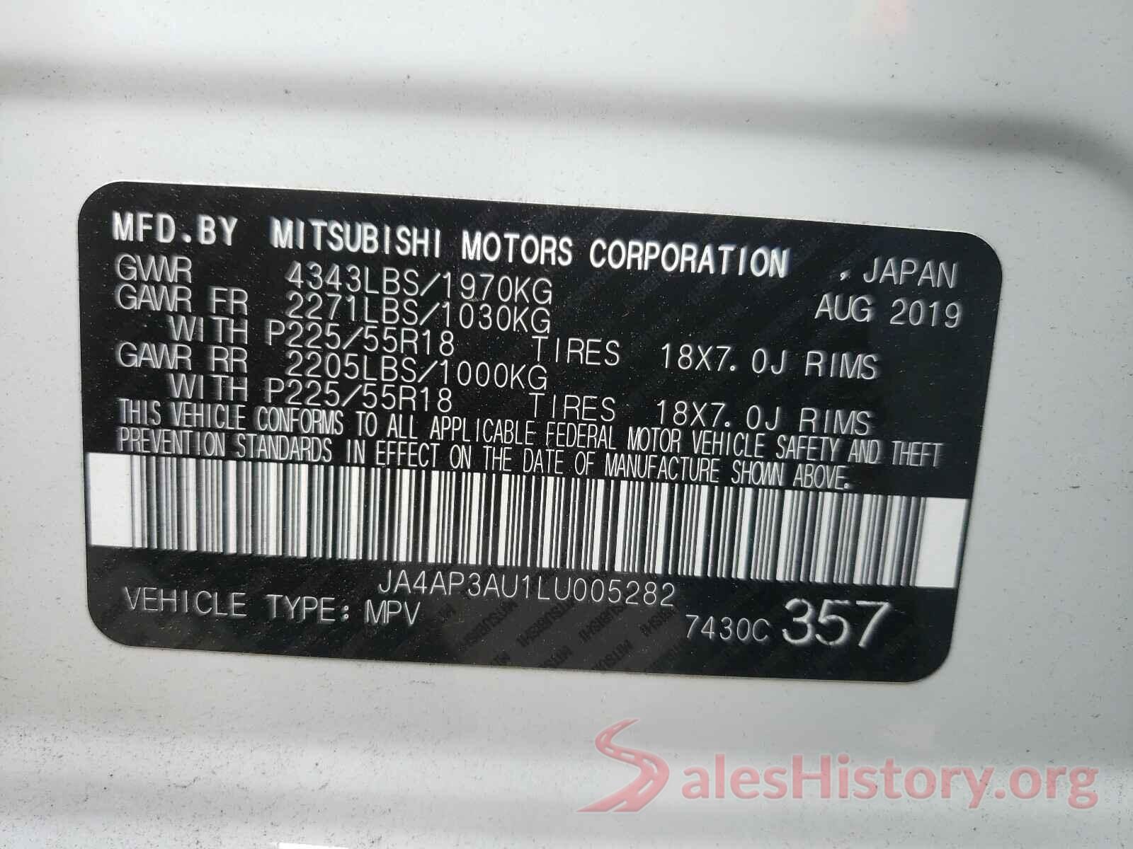 JA4AP3AU1LU005282 2020 MITSUBISHI OUTLANDER