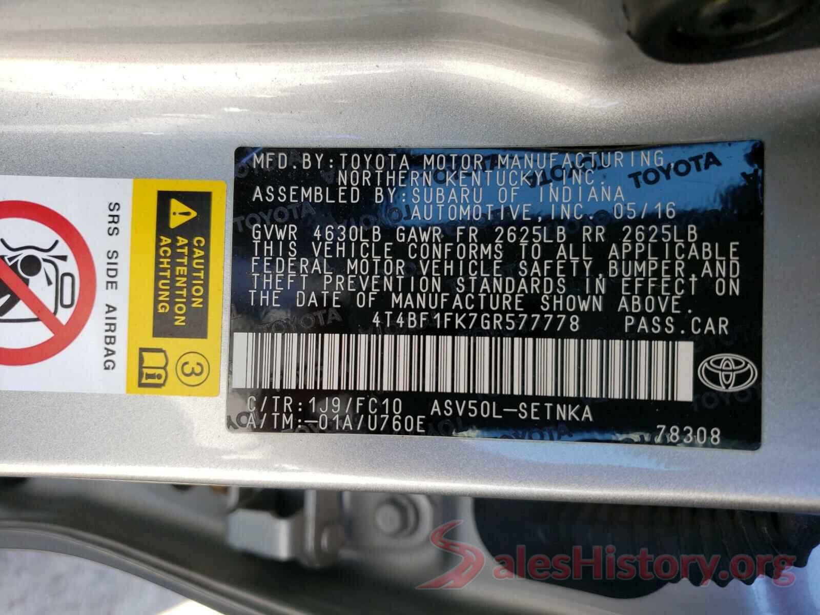 4T4BF1FK7GR577778 2016 TOYOTA CAMRY