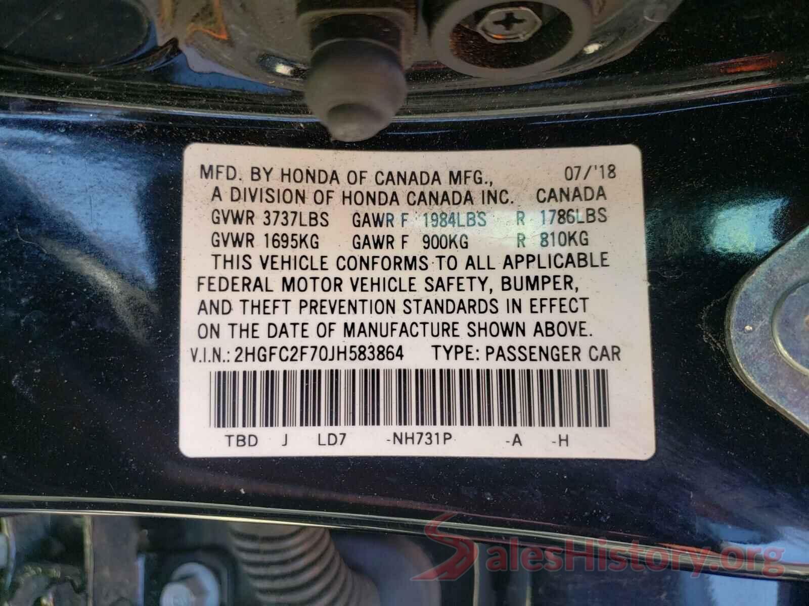 2HGFC2F70JH583864 2018 HONDA CIVIC