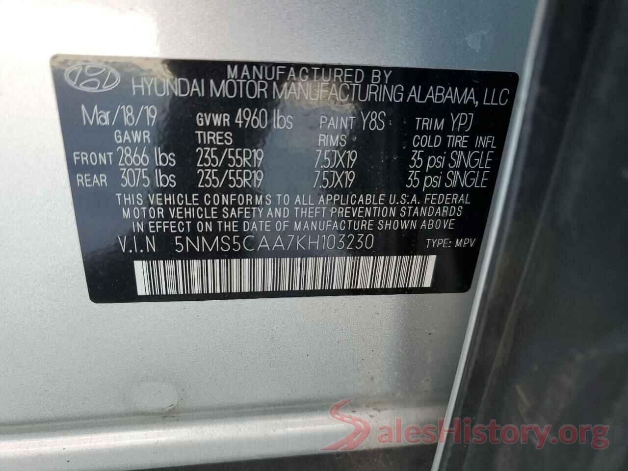 5NMS5CAA7KH103230 2019 HYUNDAI SANTA FE