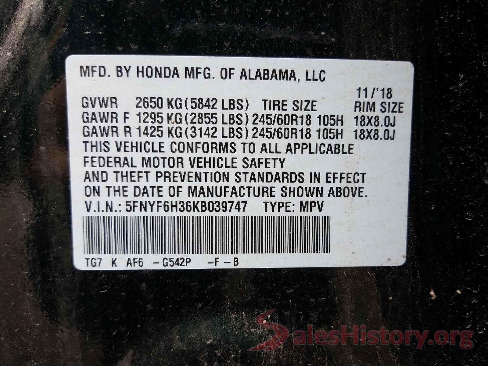 5FNYF6H36KB039747 2019 HONDA PILOT