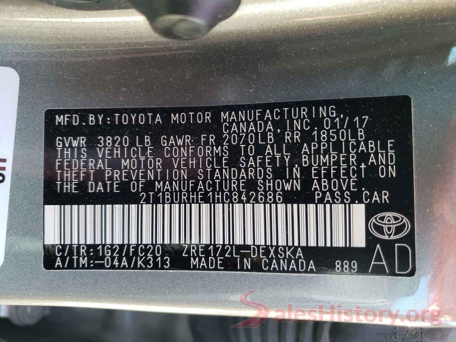 2T1BURHE1HC842686 2017 TOYOTA COROLLA