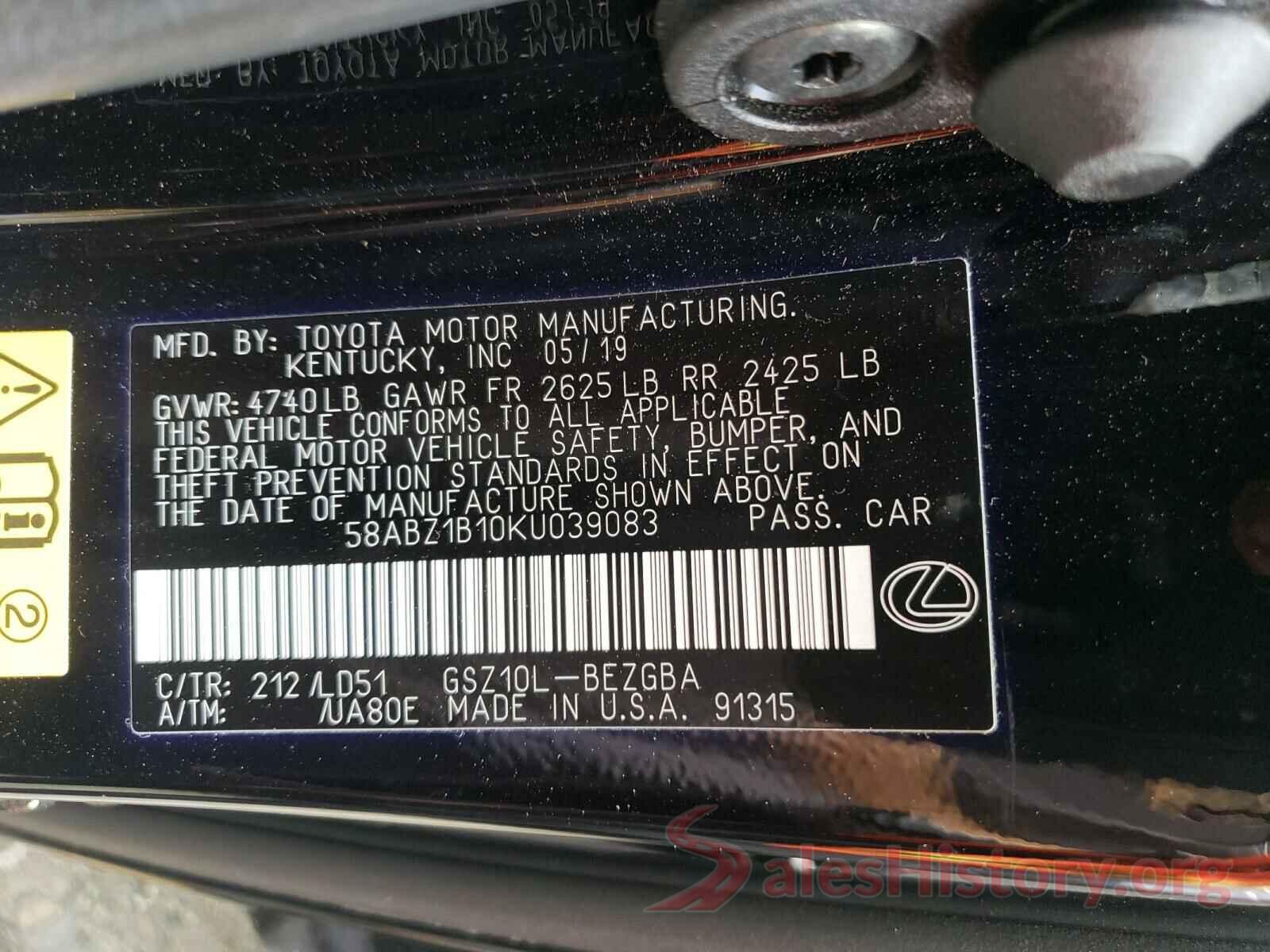 58ABZ1B10KU039083 2019 LEXUS ES350