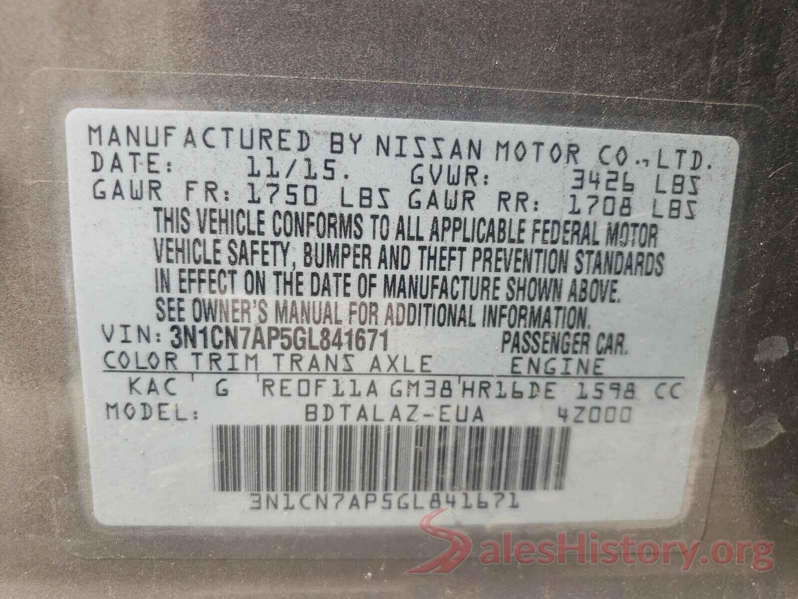 3N1CN7AP5GL841671 2016 NISSAN VERSA