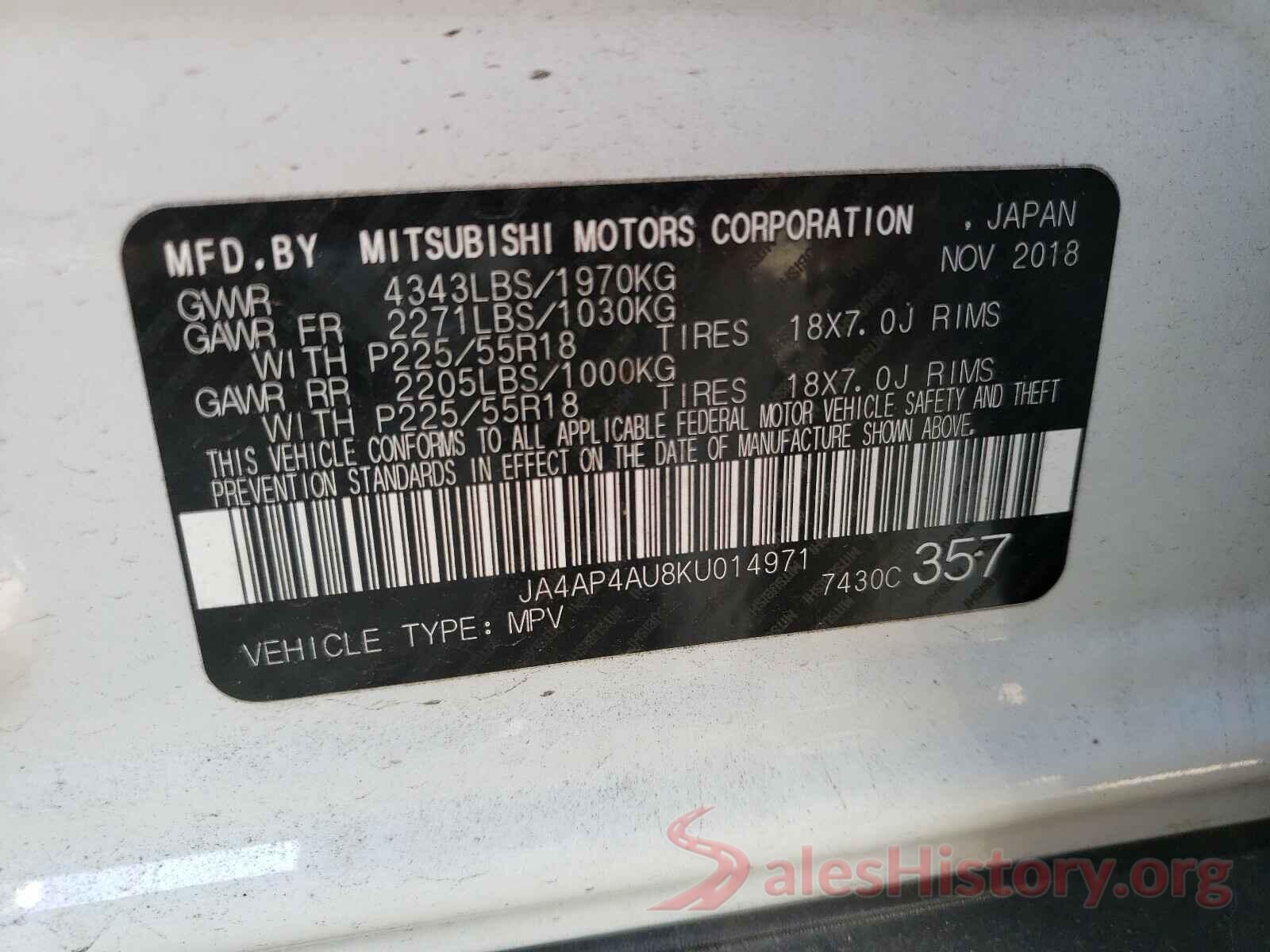 JA4AP4AU8KU014971 2019 MITSUBISHI OUTLANDER