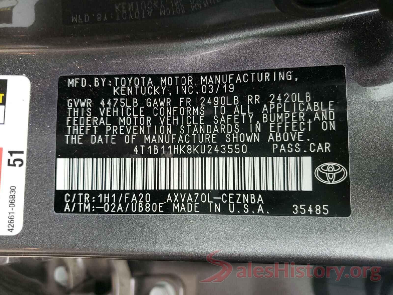 4T1B11HK8KU243550 2019 TOYOTA CAMRY