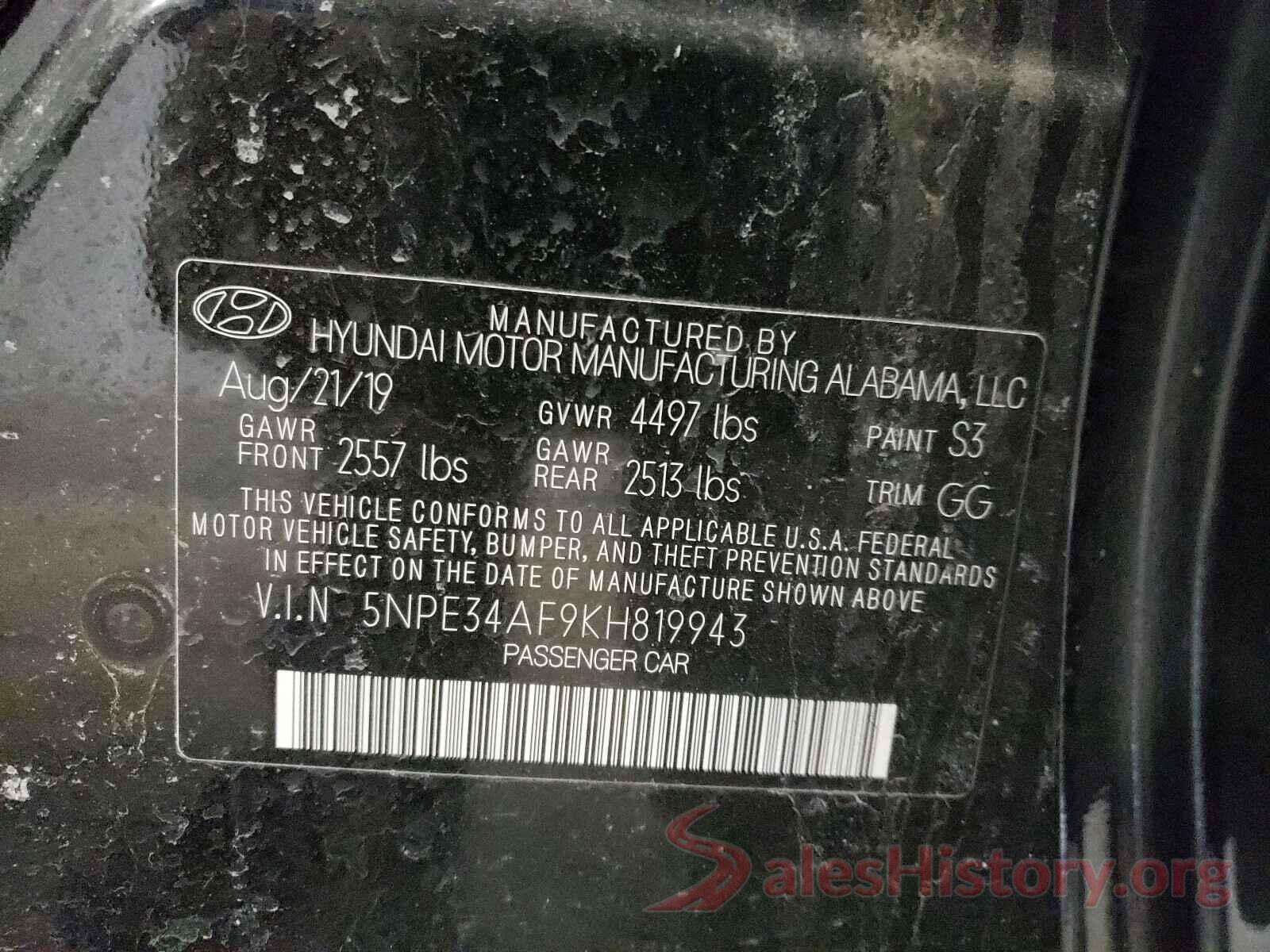 5NPE34AF9KH819943 2019 HYUNDAI SONATA