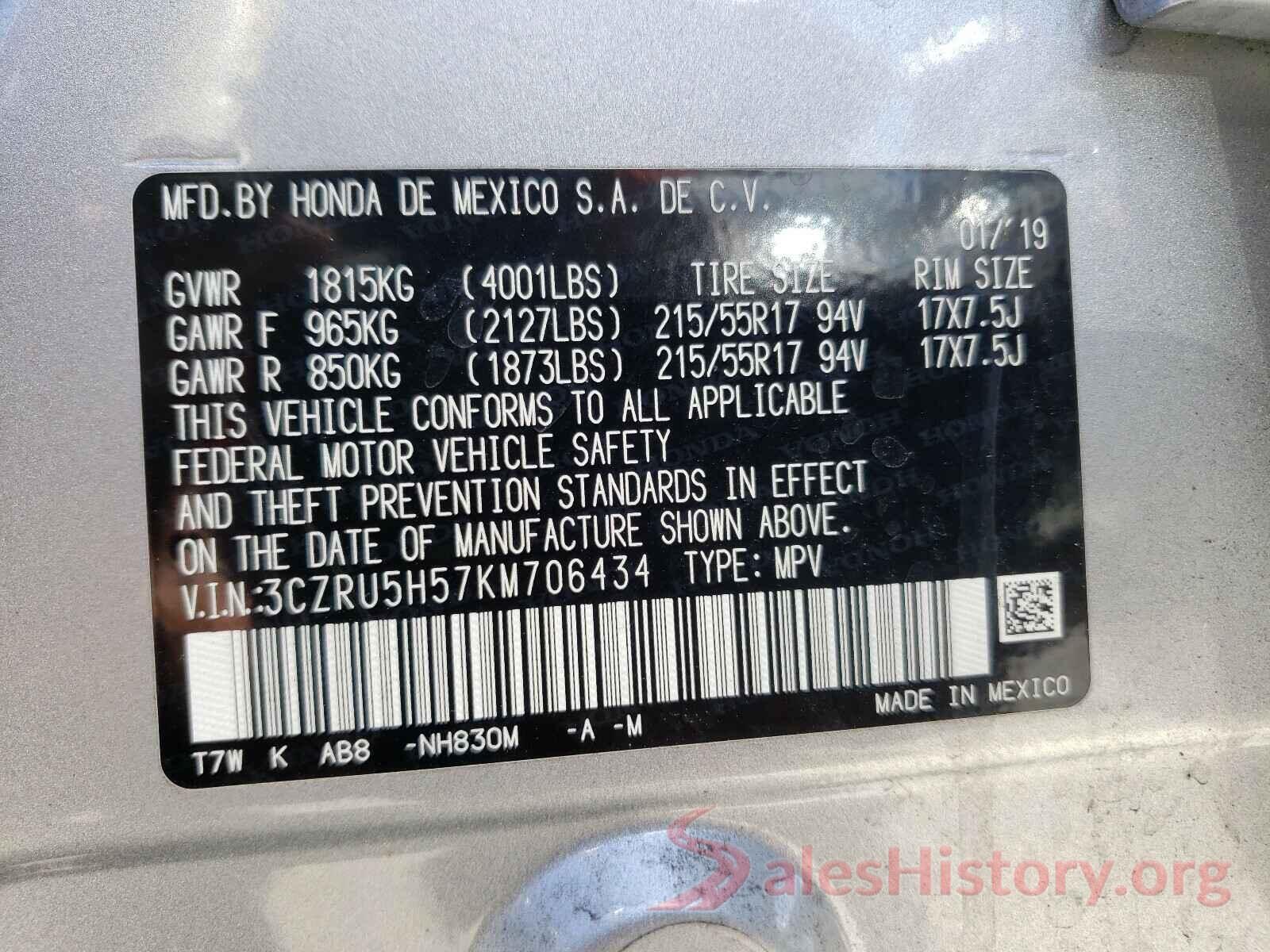 3CZRU5H57KM706434 2019 HONDA HR-V