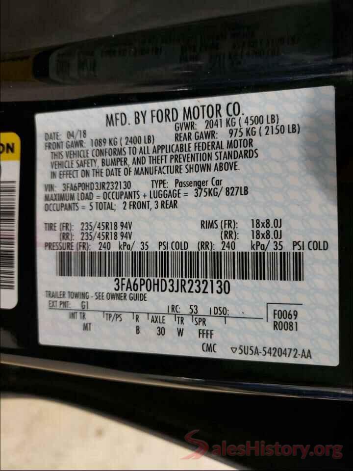 3FA6P0HD3JR232130 2018 FORD FUSION