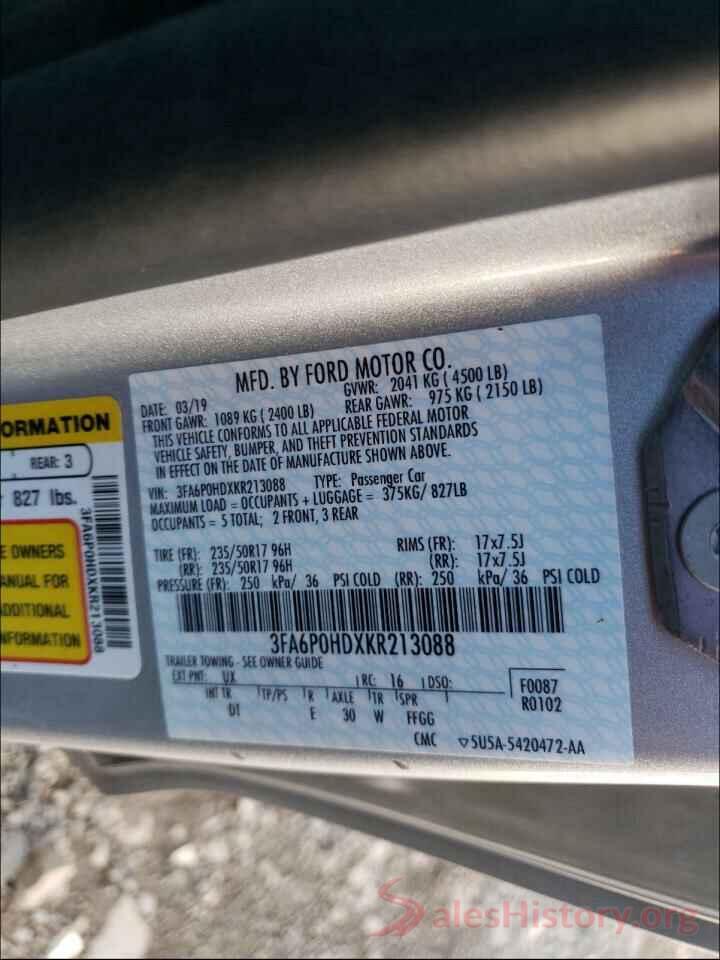 3FA6P0HDXKR213088 2019 FORD FUSION