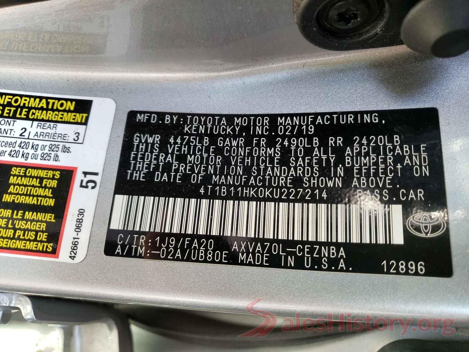 4T1B11HK0KU227214 2019 TOYOTA CAMRY