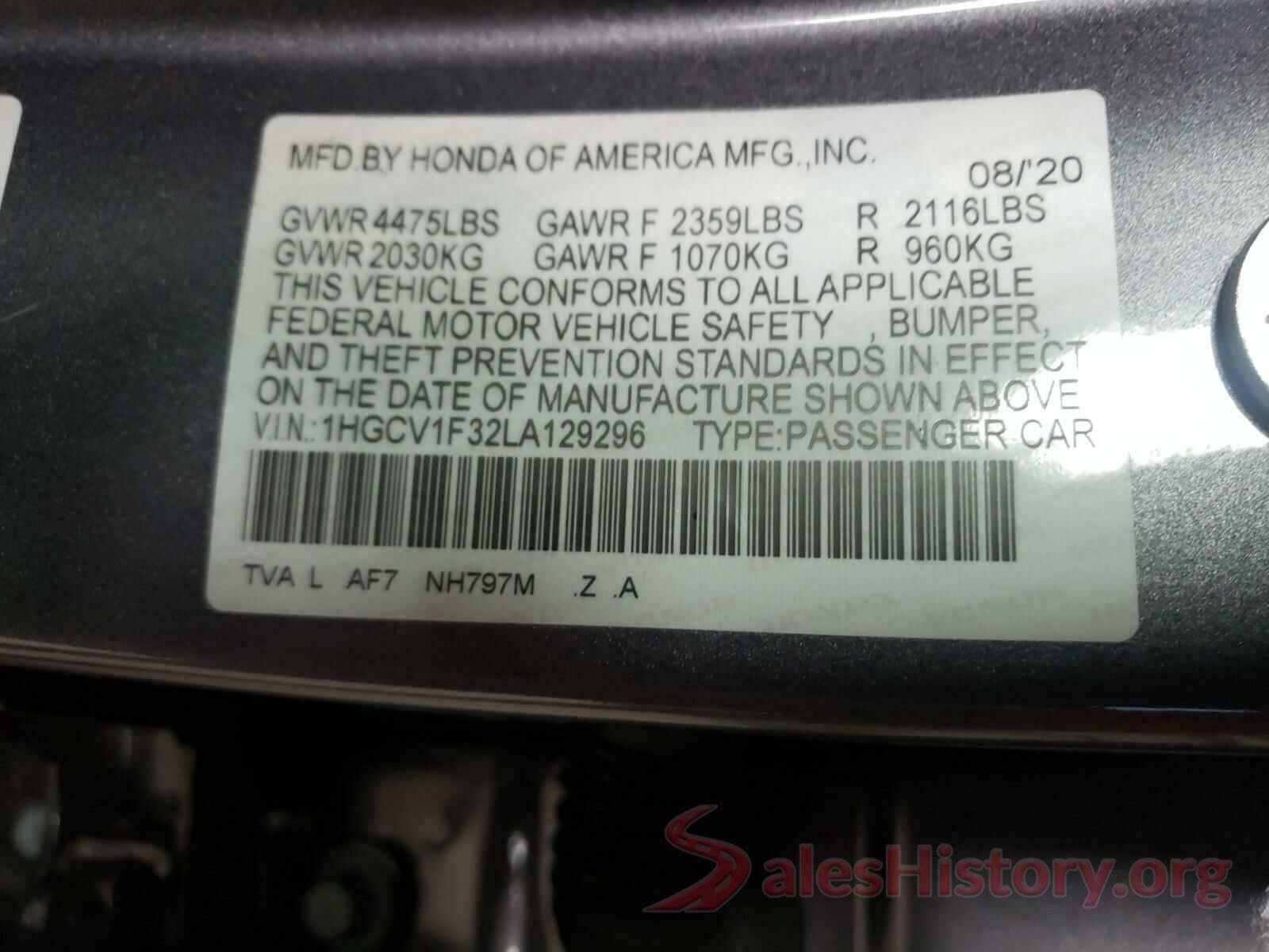 1HGCV1F32LA129296 2020 HONDA ACCORD