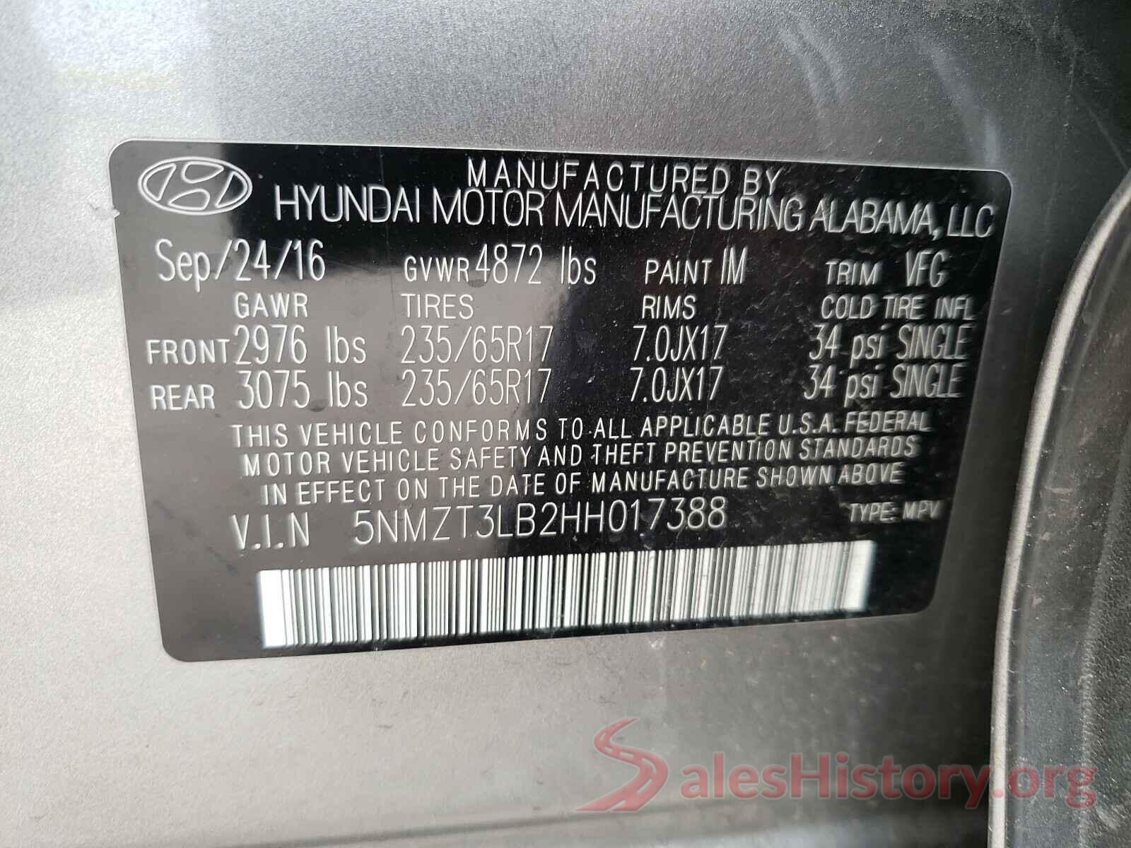 5NMZT3LB2HH017388 2017 HYUNDAI SANTA FE