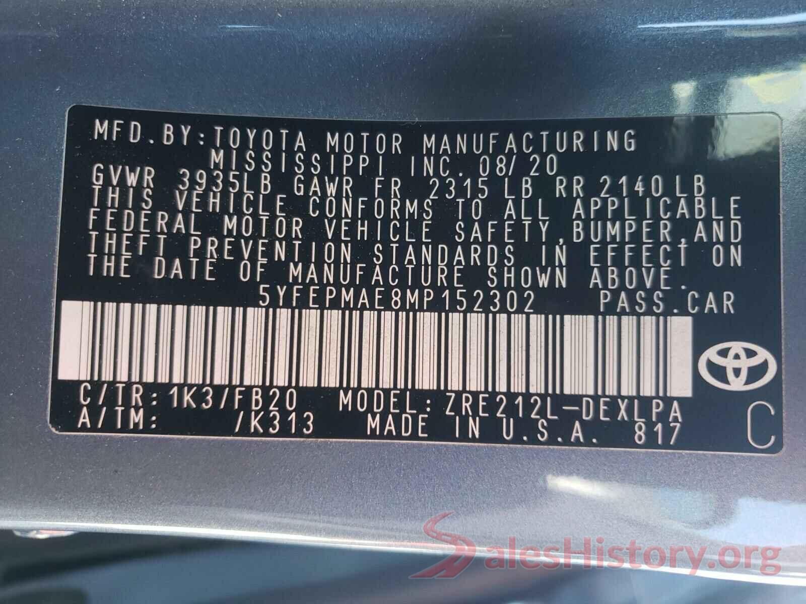 5YFEPMAE8MP152302 2021 TOYOTA COROLLA