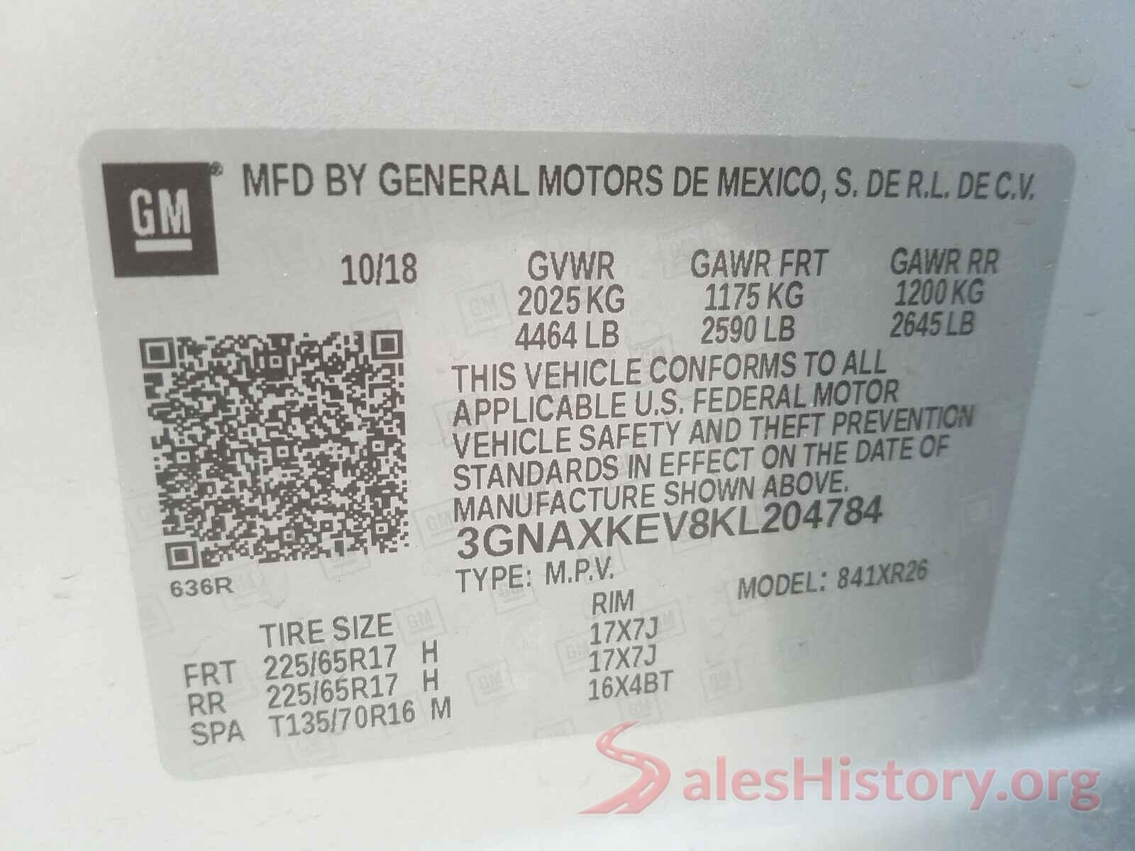 3GNAXKEV8KL204784 2019 CHEVROLET EQUINOX