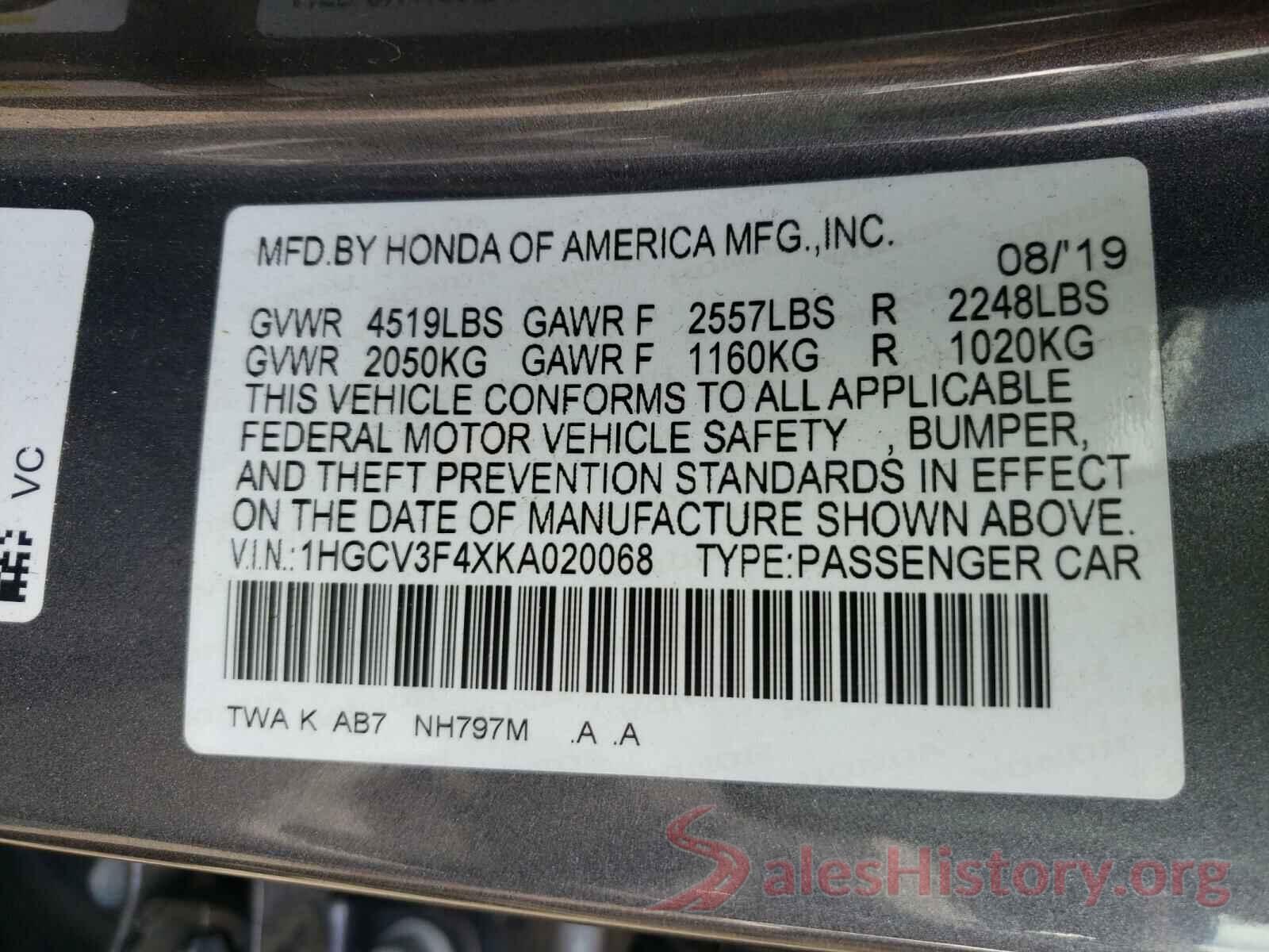 1HGCV3F4XKA020068 2019 HONDA ACCORD