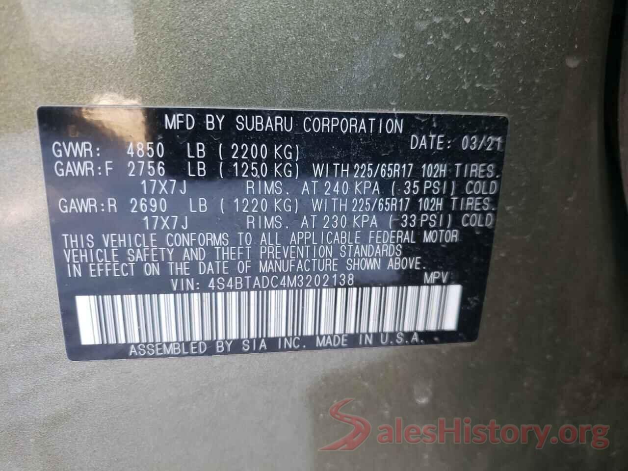 4S4BTADC4M3202138 2021 SUBARU OUTBACK