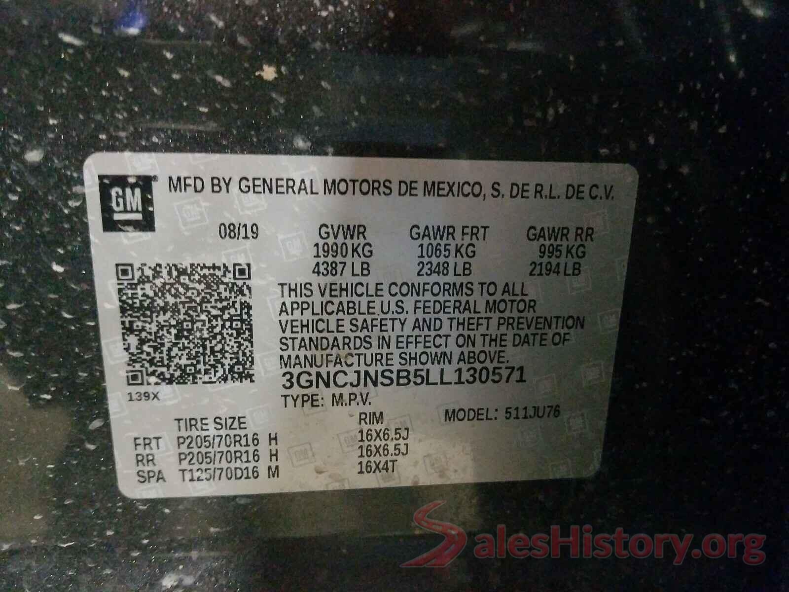 3GNCJNSB5LL130571 2020 CHEVROLET TRAX