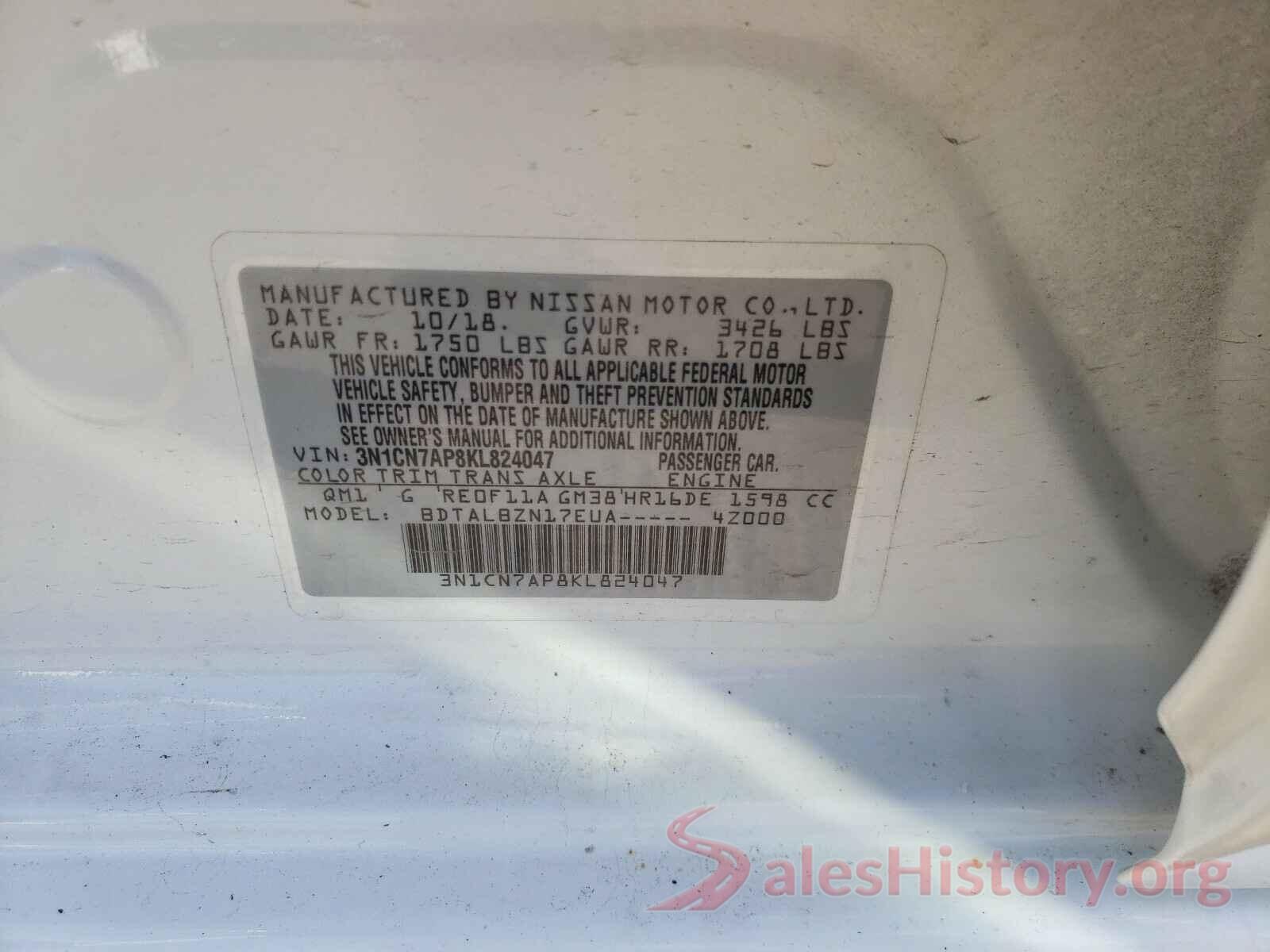 3N1CN7AP8KL824047 2019 NISSAN VERSA