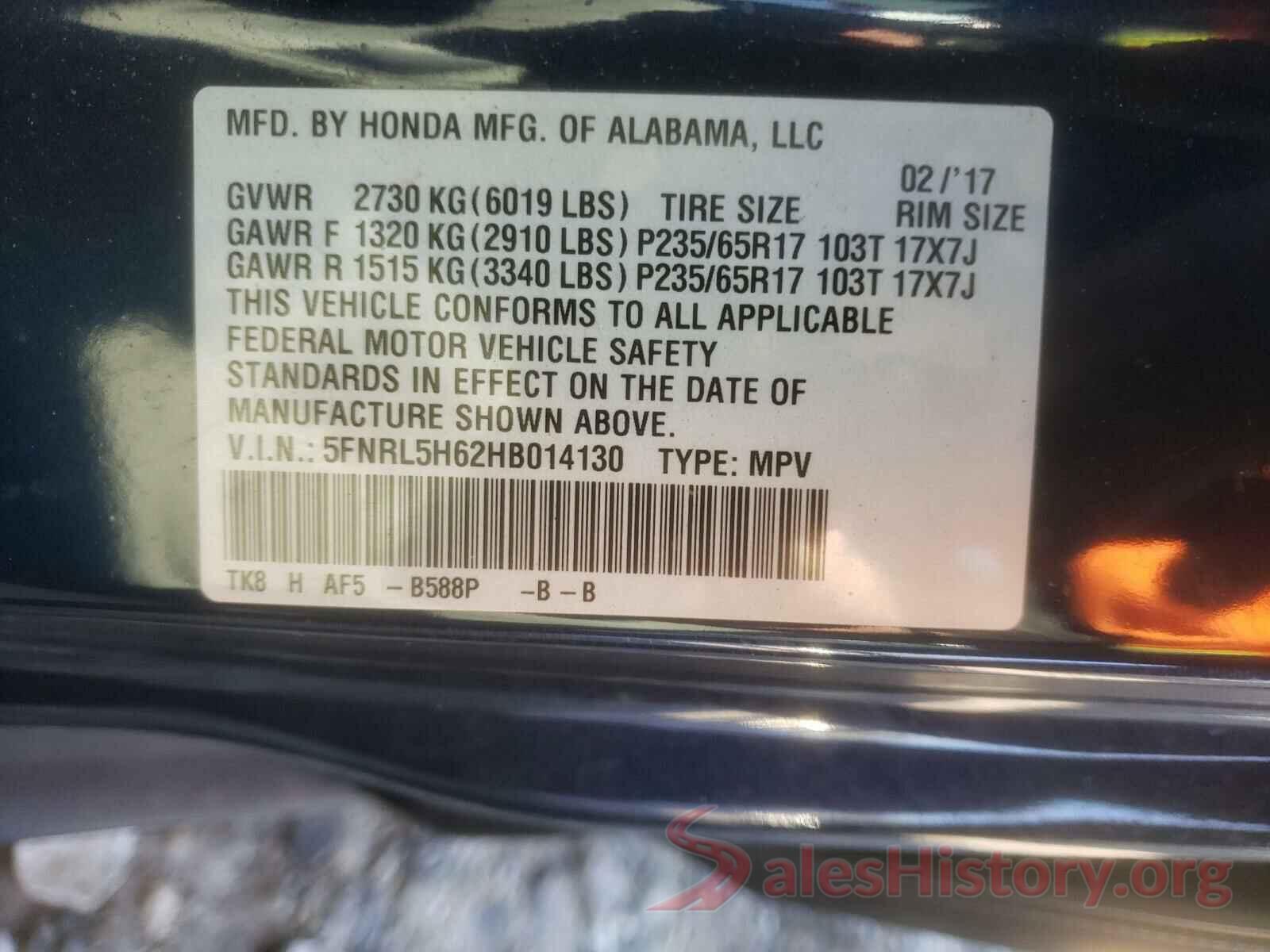 5FNRL5H62HB014130 2017 HONDA ODYSSEY