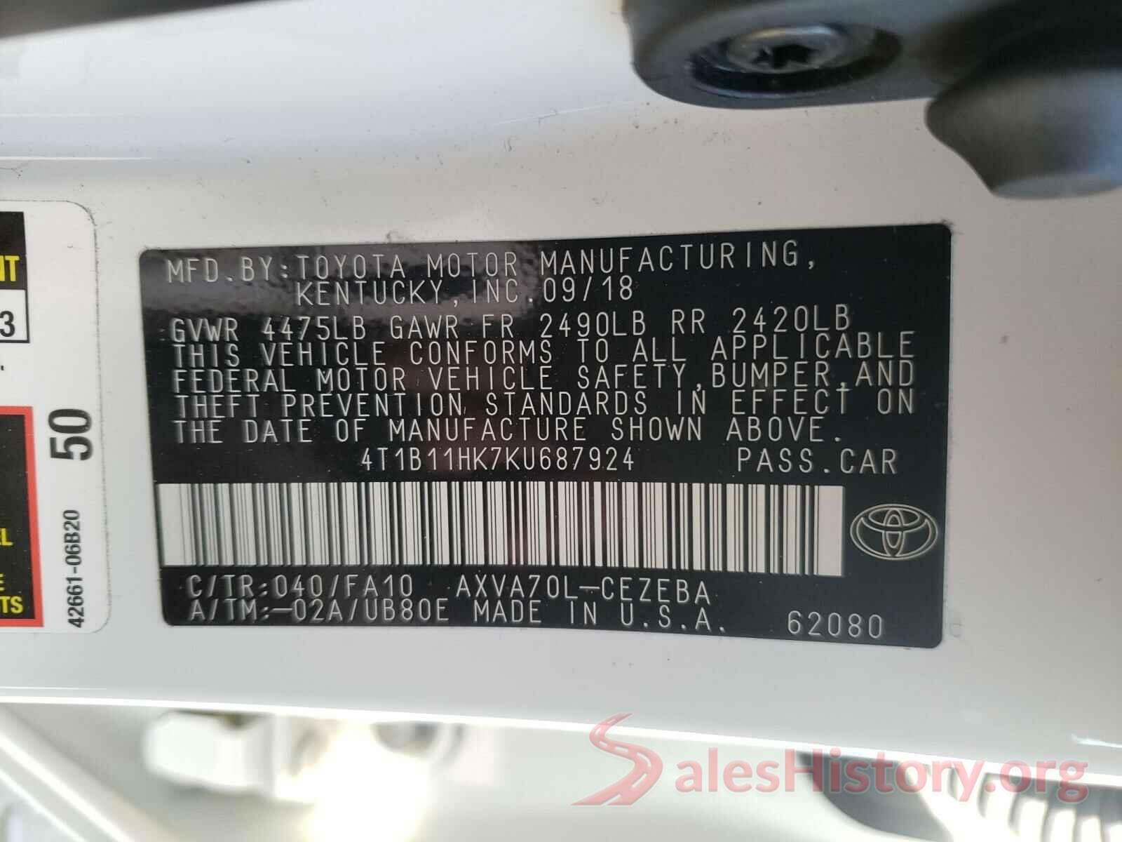 4T1B11HK7KU687924 2019 TOYOTA CAMRY