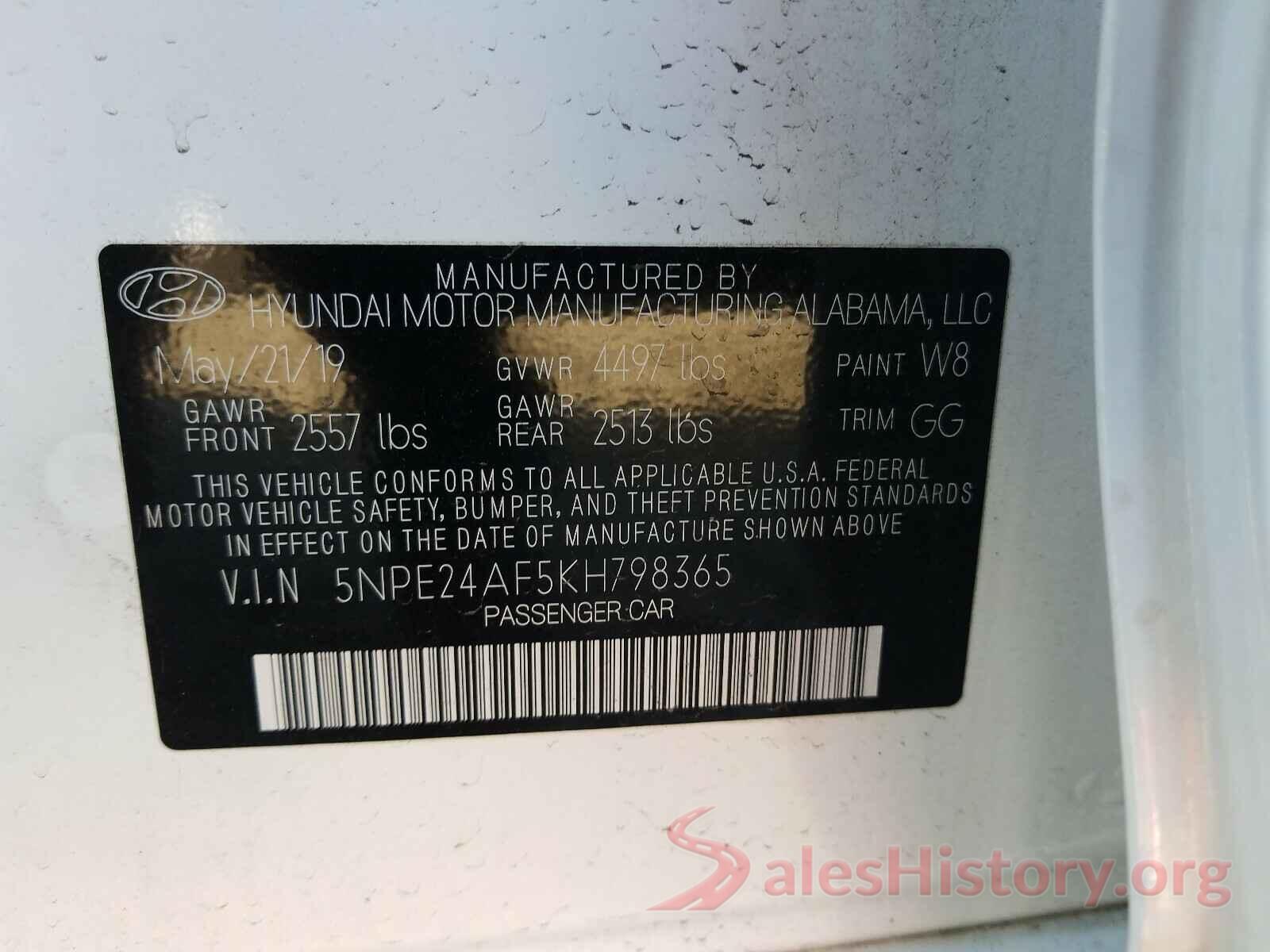 5NPE24AF5KH798365 2019 HYUNDAI SONATA